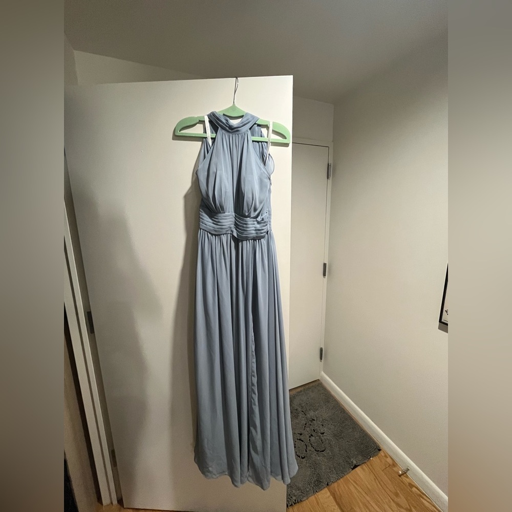 Azazie Iman A-Line Ruched Chiffon Floor-Length Dress - Dusty Blue